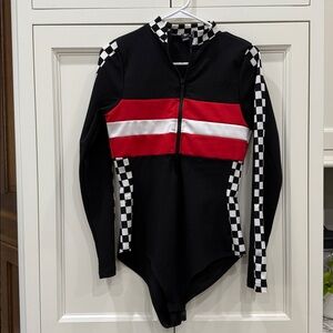 Racer Babe Windsor costume. Striped and checkered womens bodysuit size large.